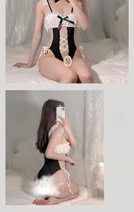 Détails de lingerie sexy de servante en dentelle avec volants bicolores et laçage croisé