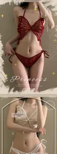Detailed lace embroidery of butterfly wings on backless mesh lingerie set