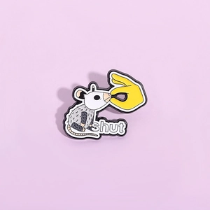 Funny cartoon possum enamel pin with shut gesture for bag and clothes decoration