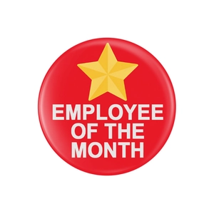 Badge rouge circulaire Employé du mois avec étoile jaune 3D et lettrage blanc net