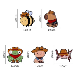 Detailed size dimensions of cartoon cowboy animal enamel pins on a white background