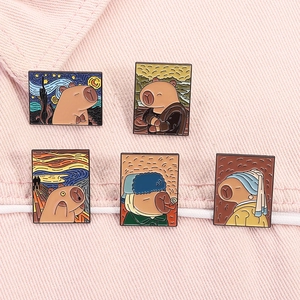 Set of 5 enamel pins featuring Capybara parodies of classic fine art oil paintings