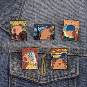 Detail of five creative enamel pins featuring capybara parodies of classic oil paintings
