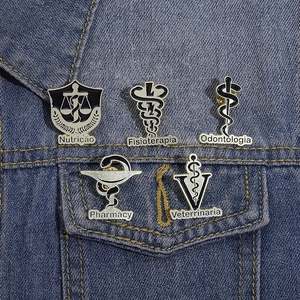 Set of 5 medical enamel pins for healthcare professionals on a denim jacket background