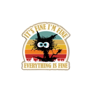 Épingle en Émail Chat Noir Drôle It's Fine I'm Fine Everything Is Fine Broche Rétro Coucher de Soleil Dessin Animé Badge en Alliage
