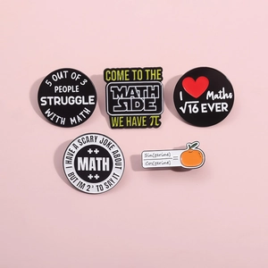 Set of 5 creative math themed enamel pins with humorous formulas on a soft pink background