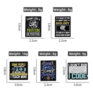 Detailed view of science enamel pins with precise size measurements and weight specs