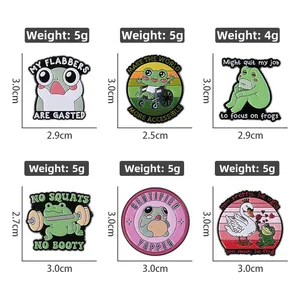 Detailed size and weight chart for six funny weightlifting cartoon frog enamel pins