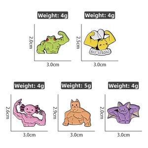 Detail view of five enamel pins set with dimensions and weights for muscle animal badges