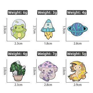 Detailed size chart for cartoon green frog enamel pins showing dimensions and weights