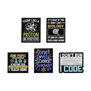 Set of 5 enamel pins featuring creative science and programming themes for clothing
