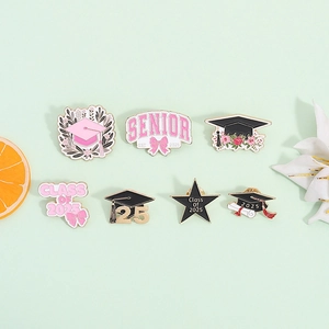 Pink graduation enamel pins set with 2025 senior cap and flower brooch badges
