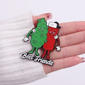 Funny cartoon lighter and leaf enamel pin with Best Friends text for backpacks