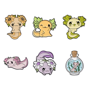 Set of six cute axolotl enamel pins featuring floral designs on white background