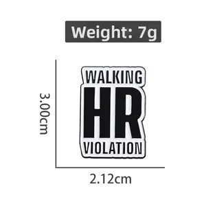 Detail showing Walking HR Violation enamel pin dimensions 3.00cm height and 7g weight