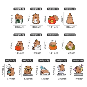 Set of 13 cute capybara enamel pins showing various cartoon poses and colorful designs