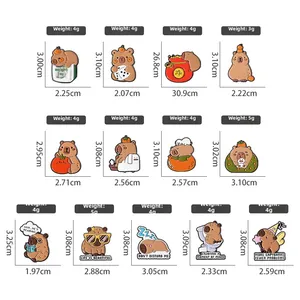 Size chart showing dimensions and weight for 13 unique cartoon capybara enamel pins