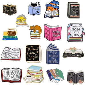 Collection of 16 cute cartoon enamel pins featuring books, cats, and coffee themes