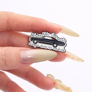 Black enamel muscle car badge with supernatural quote for clothing accessories