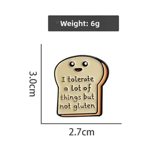 Cartoon toast enamel pin with funny gluten phrase including size and weight details