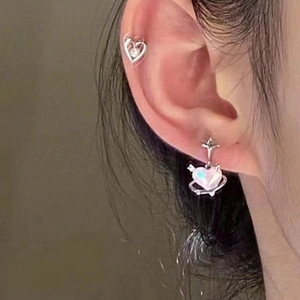Korean style pink heart and star stud earring set featuring silver metal accents for women