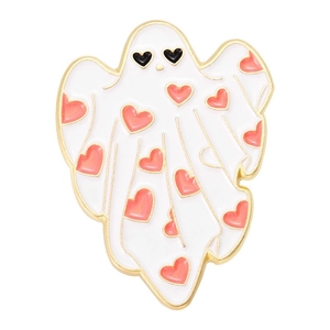 Cartoon white ghost enamel pin with pink hearts and golden edges for Halloween