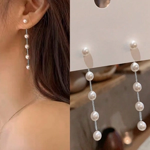 Elegant Korean Style Alloy Faux Artificial Pearl Long Dangle Earrings For Women Elegant Minimalist Linear Tassel Earrings Jewelry Wedding Party