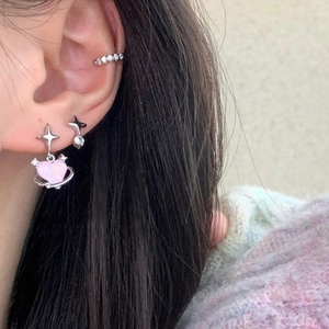 Pink heart saturn earring set with sparkling rhinestones and silver star studs for women