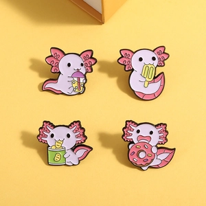 Set of four cute pink axolotl enamel pins featuring cute animals eating snacks