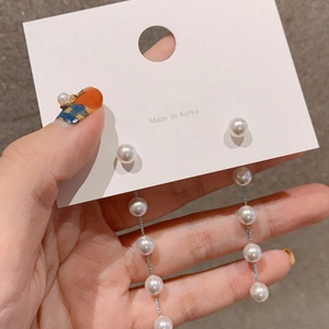 Long pearl chain tassel drop earrings with refined Korean style for women