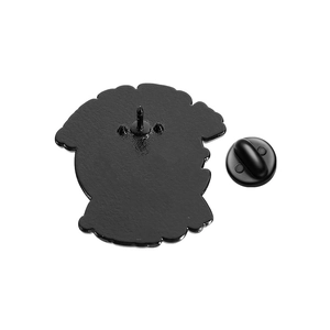Detail of metal pin back with matte texture and black rubber clutch fastening
