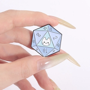 Creative D20 dice enamel pin featuring a cute white cat face in light blue and purple colors