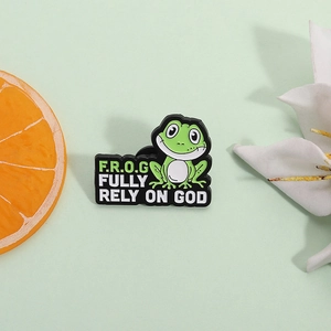 Cartoon Frog Enamel Pin Fully Rely On God Inspirational Quote Metal Badge Clothing Brooch Trendy Jewelry Gift Accessory