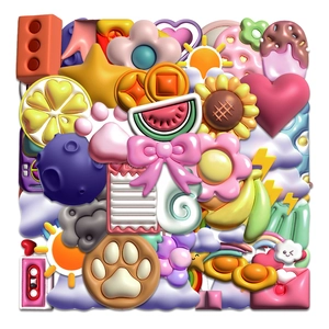 Close-up of 3D puffy cute stickers with vibrant cartoon elements on a clean white backdrop
