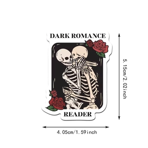 Detail of waterproof Dark Romance Reader sticker showing skeleton embrace and dimensions