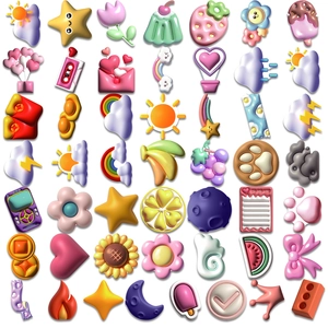 Detailed close-up of 3D puffy stickers featuring colorful cartoon icons and cute elements
