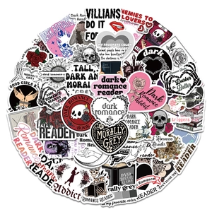 Detail of 50pcs Dark Romance Reader stickers featuring gothic skulls and roses
