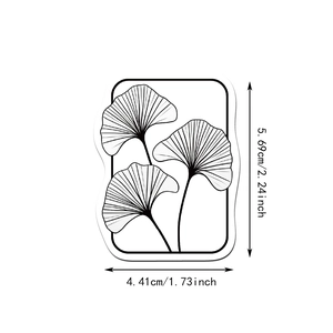 Ginkgo leaf sticker detail showing black line art illustration and product dimensions