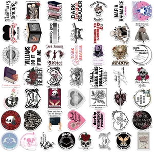 Flat lay of 50 dark romance reader stickers with gothic skull, book, and rose designs