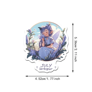 Detail view of July larkspur flower fairy sticker showing exact dimensions in inches