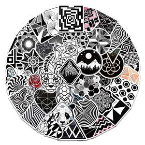 52 black and white waterproof geometric and nature stickers in a circular collage layout