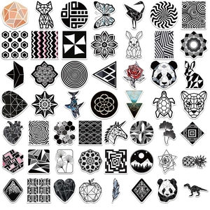 Close-up of 52 waterproof geometric art stickers featuring animals and mandalas for laptops