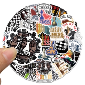 Close-up of waterproof chess stickers featuring grandmaster text and chess pieces