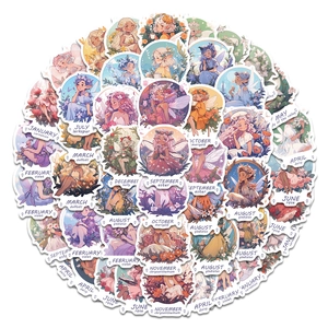 Close-up of hand-drawn flower fairy stickers featuring twelve months with birth flower patterns