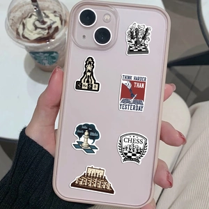 Waterproof chess game graffiti stickers applied on a pink phone case for decoration