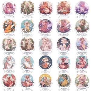 Flat lay of 25 unique floral fairy stickers with monthly botanical names for journals