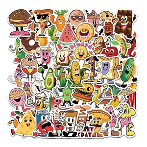 Vue à plat de divers autocollants alimentaires de dessins animés avec pizza et pastèque