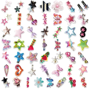 Flat lay of diverse Y2K colorful star and butterfly hair clips on white background