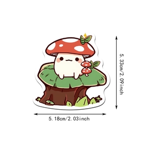 Detailed size chart of cute mushroom stickers showing 2.09 inch height and 2.03 inch width