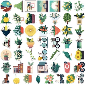 Flat design plant and flower sticker set for decorating laptops and suitcases